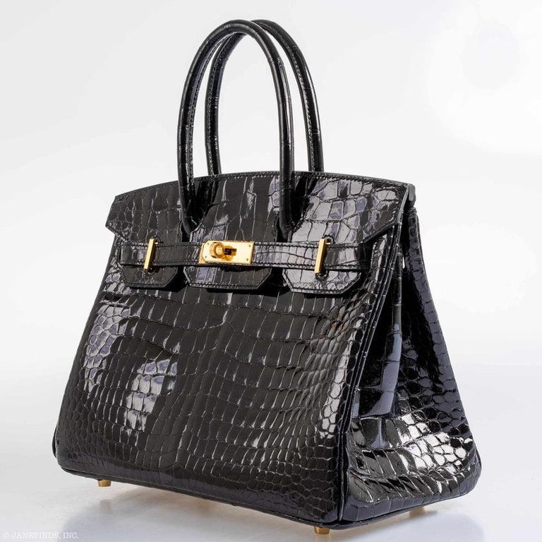 Hermes 30cm Shiny Black Porosus Crocodile Birkin Bag with Gold