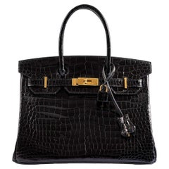 Hermès Birkin 30 Black Shiny Porosus Crocodile Gold Hardware Bag