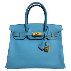Hermes Birkin 30 Bleu du Nord Blue Epsom Leather Gold Hardware Top Handle Bag