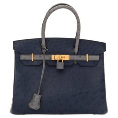 Hermes Birkin 30 Bleu Iris Gris Agate Ostrich Horseshoe Matte Gold Hardware