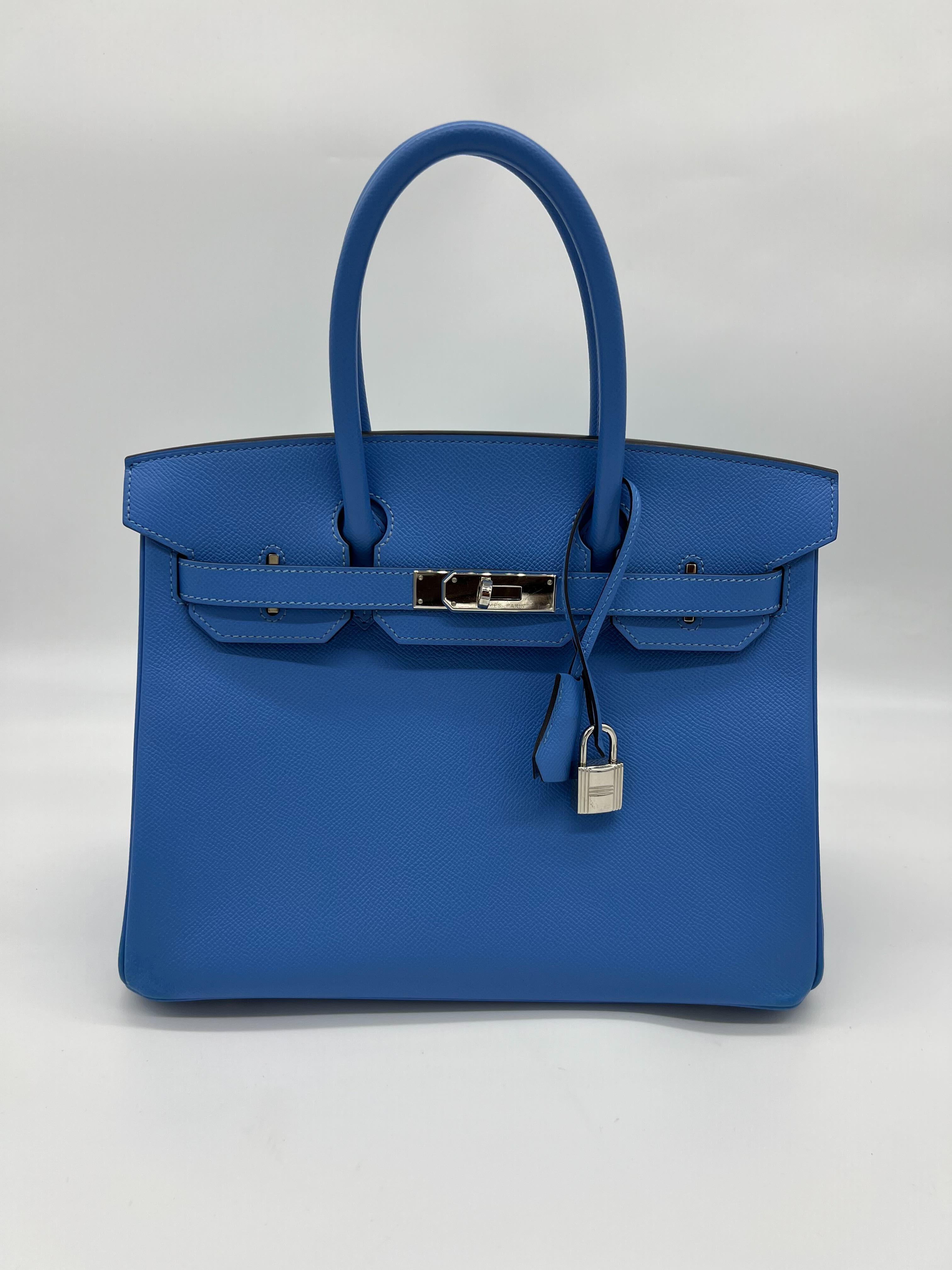 Hermès Birkin 30 Veau Epsom Leather 2T Bleu Paradis Palladium Hardware

Condition: Pre-owned (like new)
Material: Epsom Leather
Measurements: 11.5” W x 9” H x 6” D
Hardware: Palladium

*Comes with full original packaging, missing original receipt.