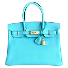 Hermes Birkin 30 Blue Atoll Epsom Leather Gold Hardware Top Handle Bag