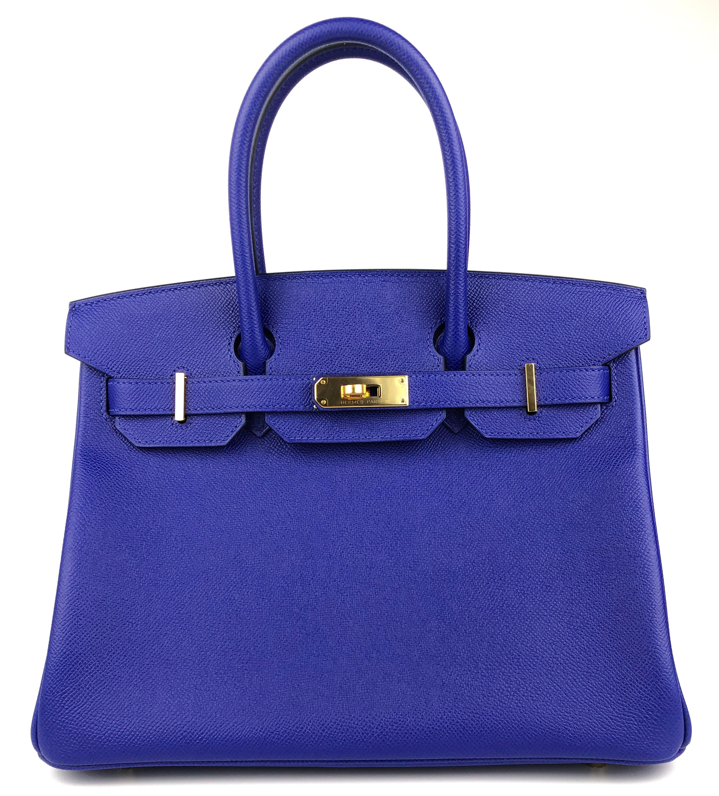 Rare AS NEW 2018 Hermes Birkin 30 Blue Electric Epsom Leather Gold Hardware . C Stamp 2018. From a collectors closet. The bag has been handled and displayed but never worn outside. 

May have Slight marks on bottom interior due to lock being stored