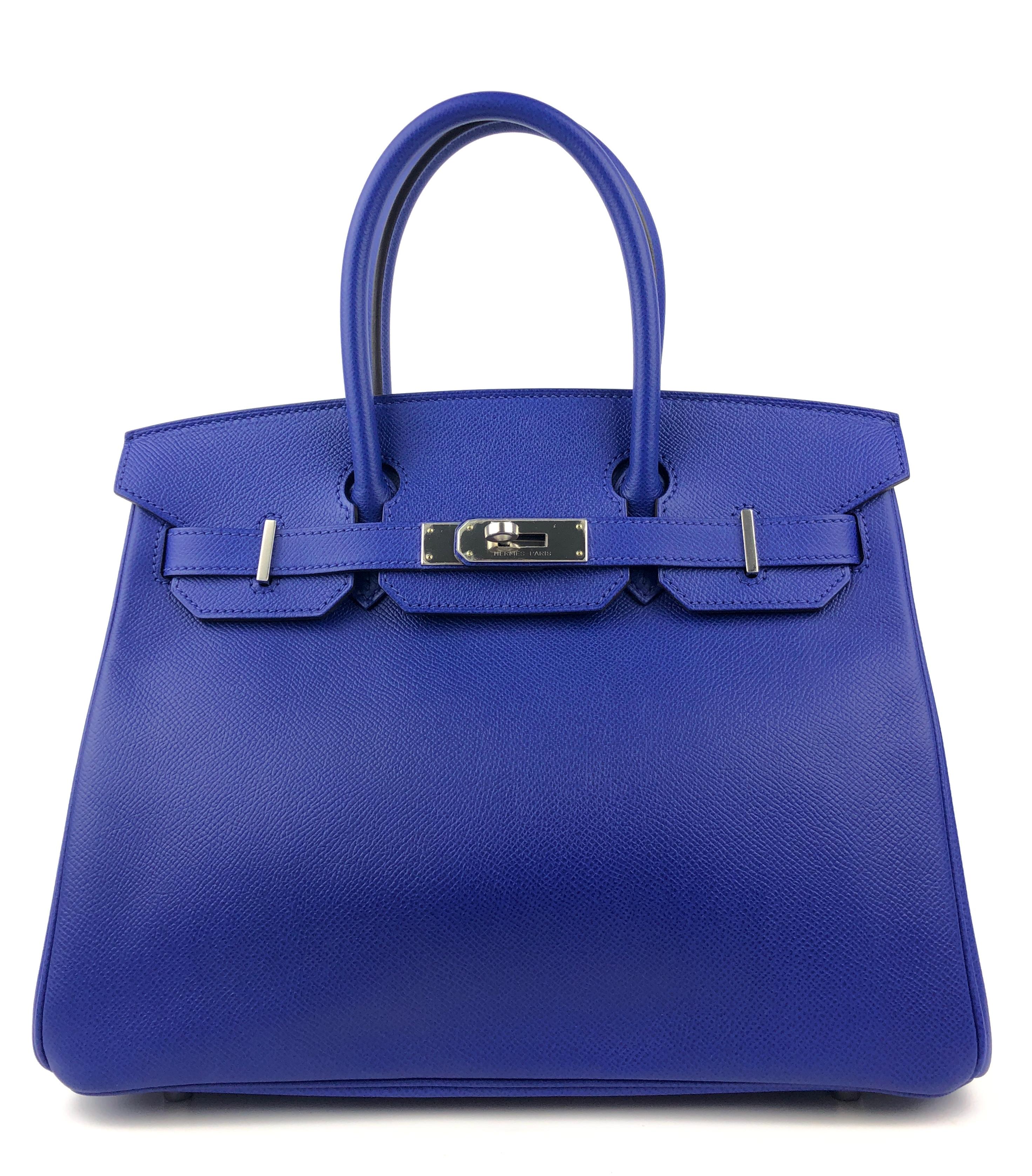 Stunning Hermes Birkin 30 Blue Electric Epsom Palladium Hardware.  Pristine Almost Like New Condition, Plastic on Hardware and Feet, Excellent corners and Structure. R Stamp 2014.

Shop with Confidence from Lux Addicts. Authenticity Guaranteed!