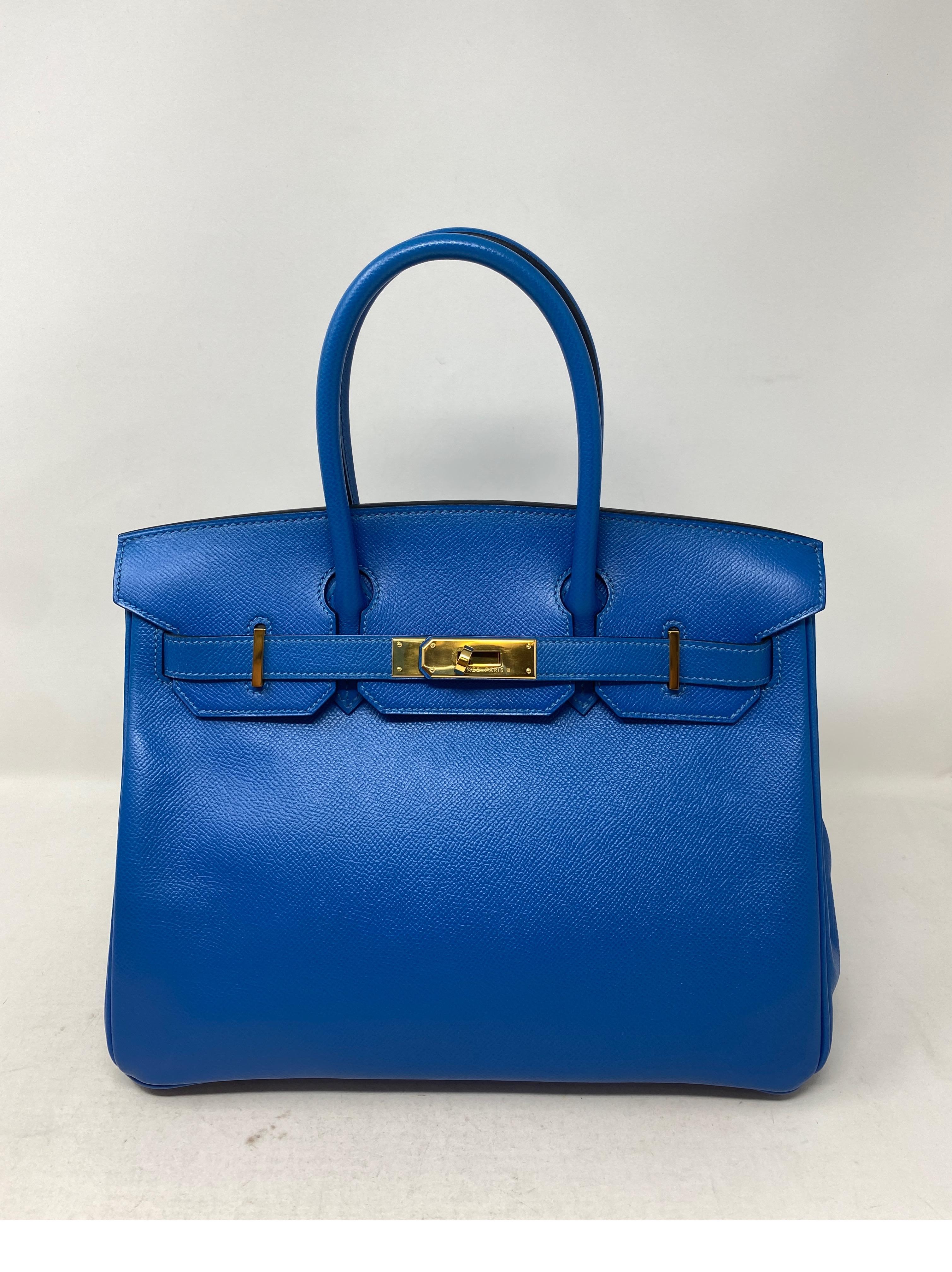 Hermes Blue France Birkin 30 Bag. Beautiful color. Gold hardware. Epsom leather. Excellent condition. Rare color and size. Includes clochette, lock, keys, and dust cover. Guaranteed authentic. 