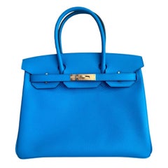 Hermes Birkin 30 Blue Frida Epsom Leather Gold Hardware Top Handle Bag