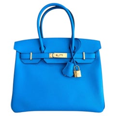 Hermes Birkin 30 Blue Frida Epsom Leather Gold Hardware Top Handle Bag
