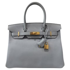 Hermes Birkin 30 Blue Glacier Gray Epsom Leather Gold Hardware Top Handle Bag