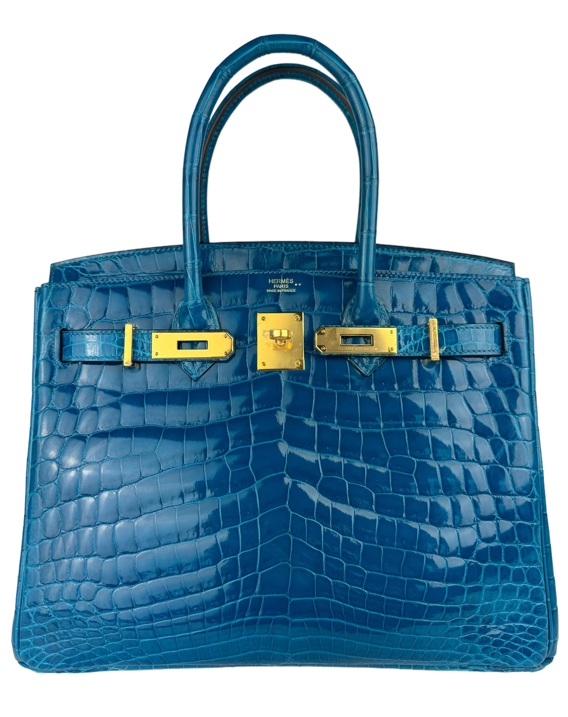 Hermes Birkin 30 Blue Izmir Shinny Niloticus Crocodile Gold Hardware RARE In Excellent Condition In Miami, FL