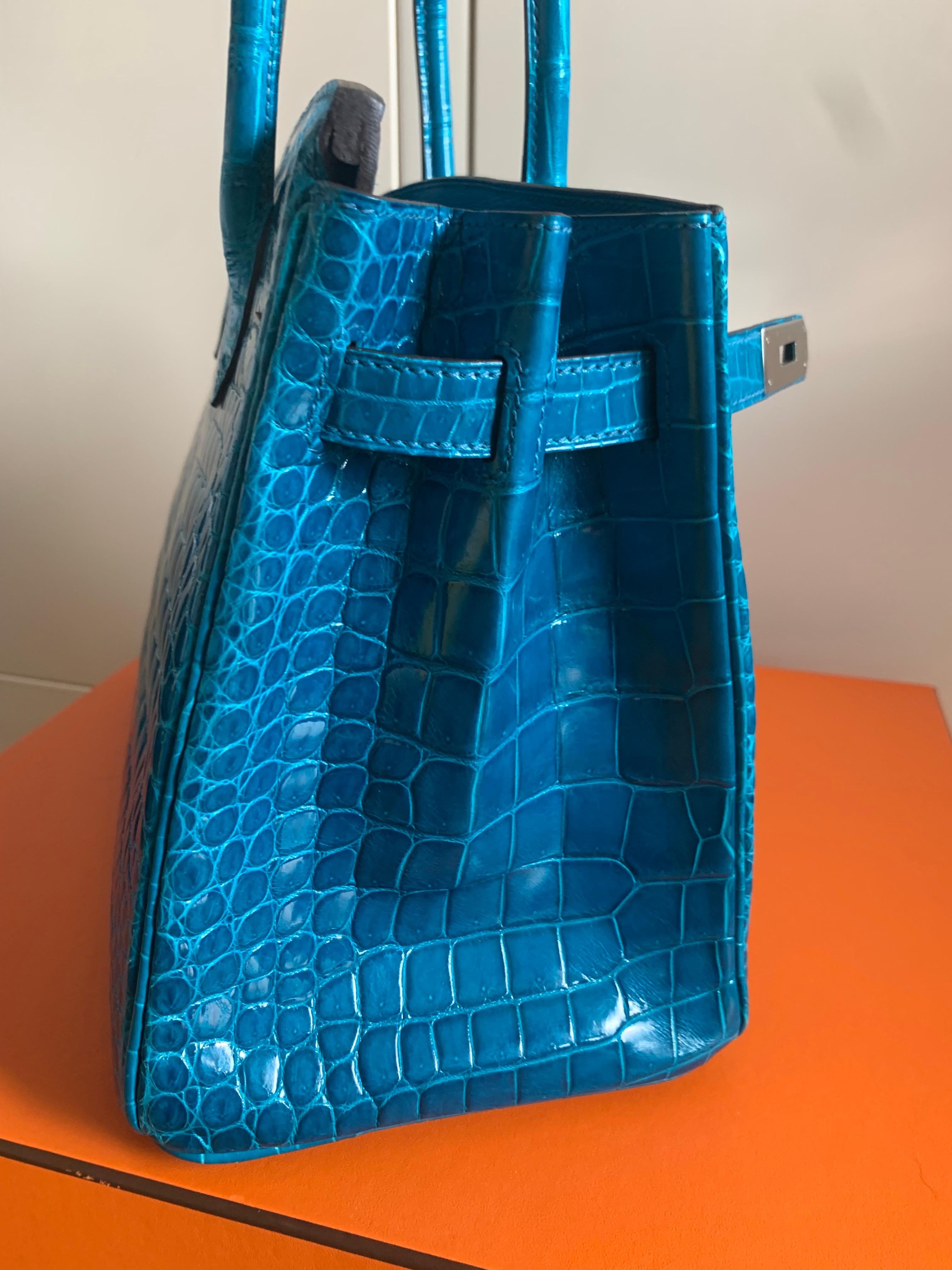 Rare Color Blue Hermes Birkin 30 Blue Izmir Shiny Porosus Crocrodile Bag For Sale 6