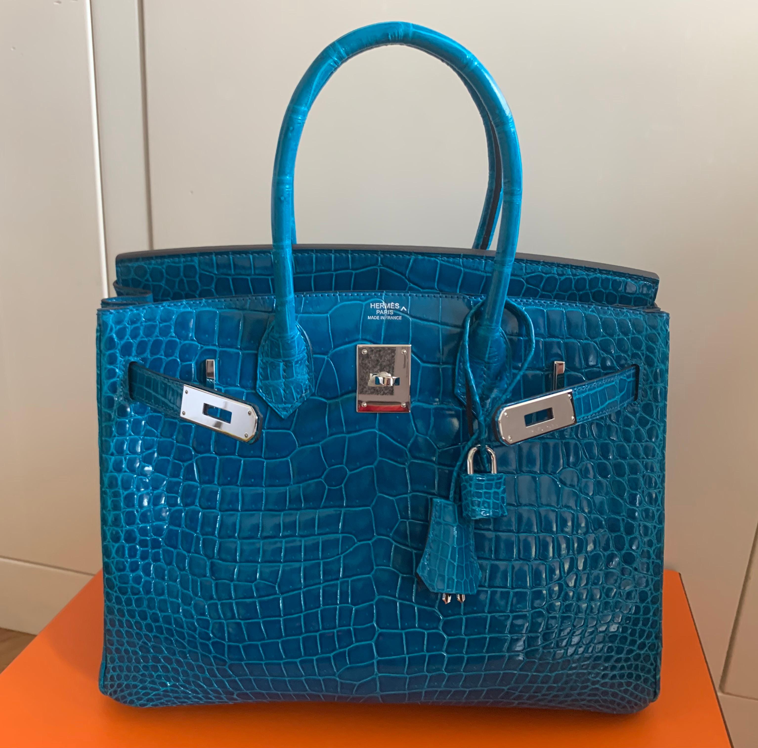 Rare Color Blue Hermes Birkin 30 Blue Izmir Shiny Porosus Crocrodile Bag For Sale 7