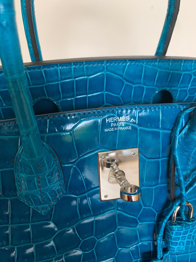 Women's Rare Color Blue Hermes Birkin 30 Blue Izmir Shiny Porosus Crocrodile Bag For Sale
