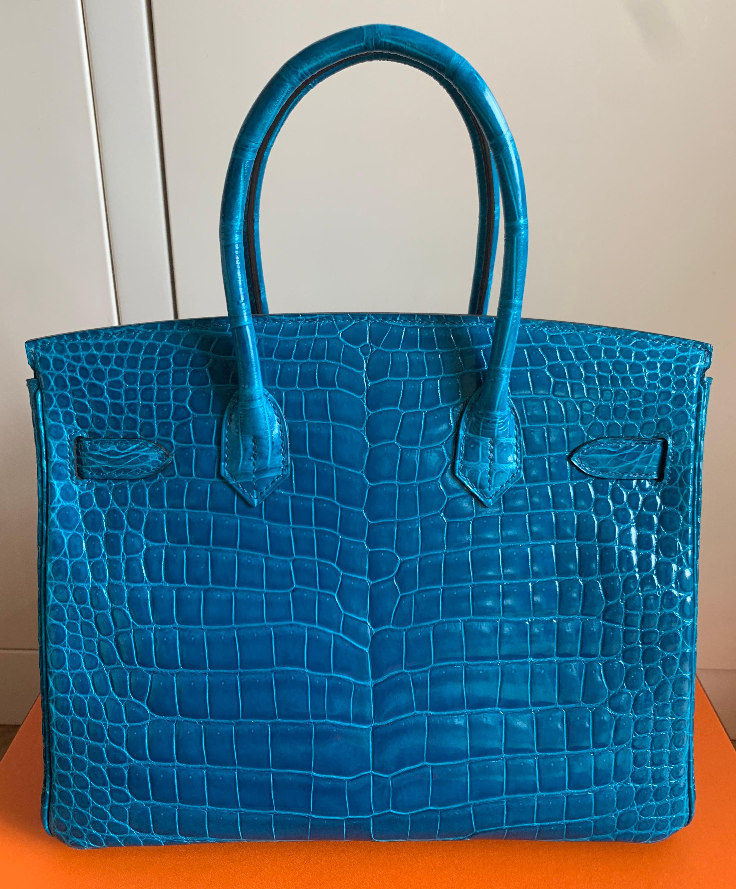 Rare Color Blue Hermes Birkin 30 Blue Izmir Shiny Porosus Crocrodile Bag For Sale 3