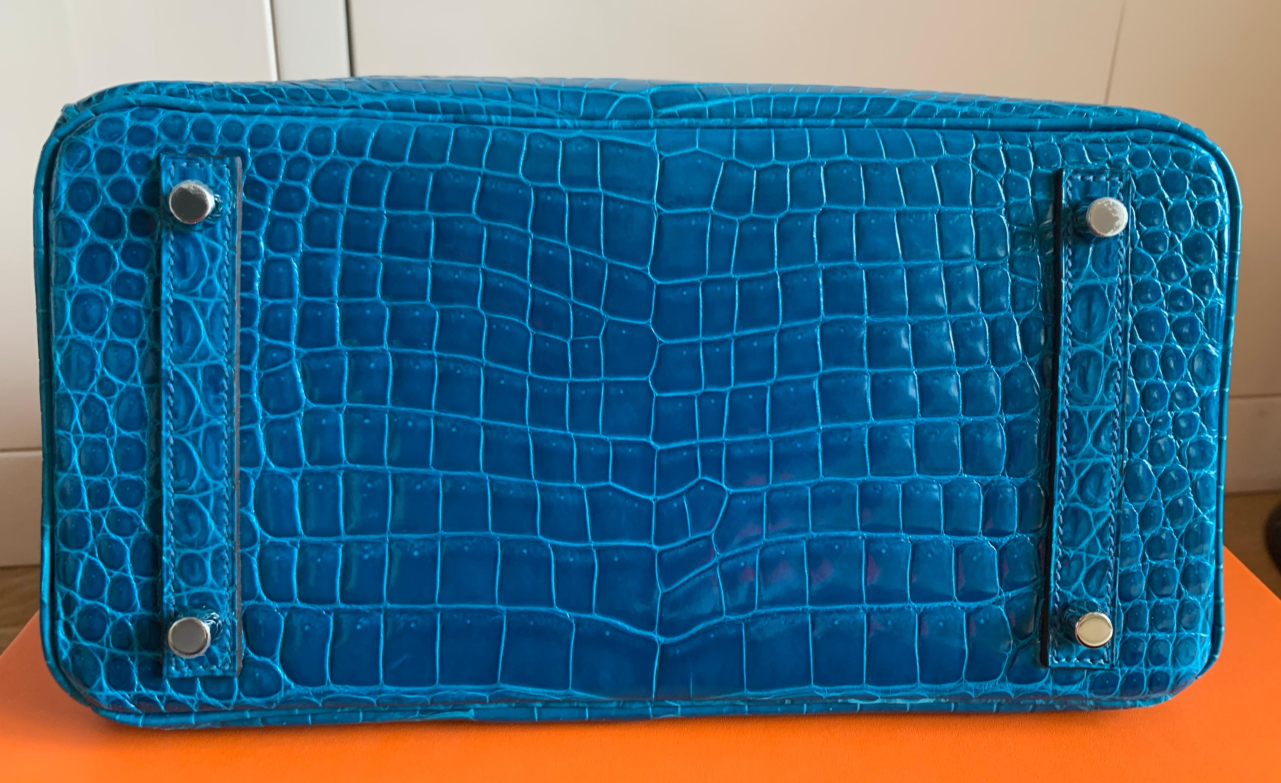 Rare Color Blue Hermes Birkin 30 Blue Izmir Shiny Porosus Crocrodile Bag For Sale 4