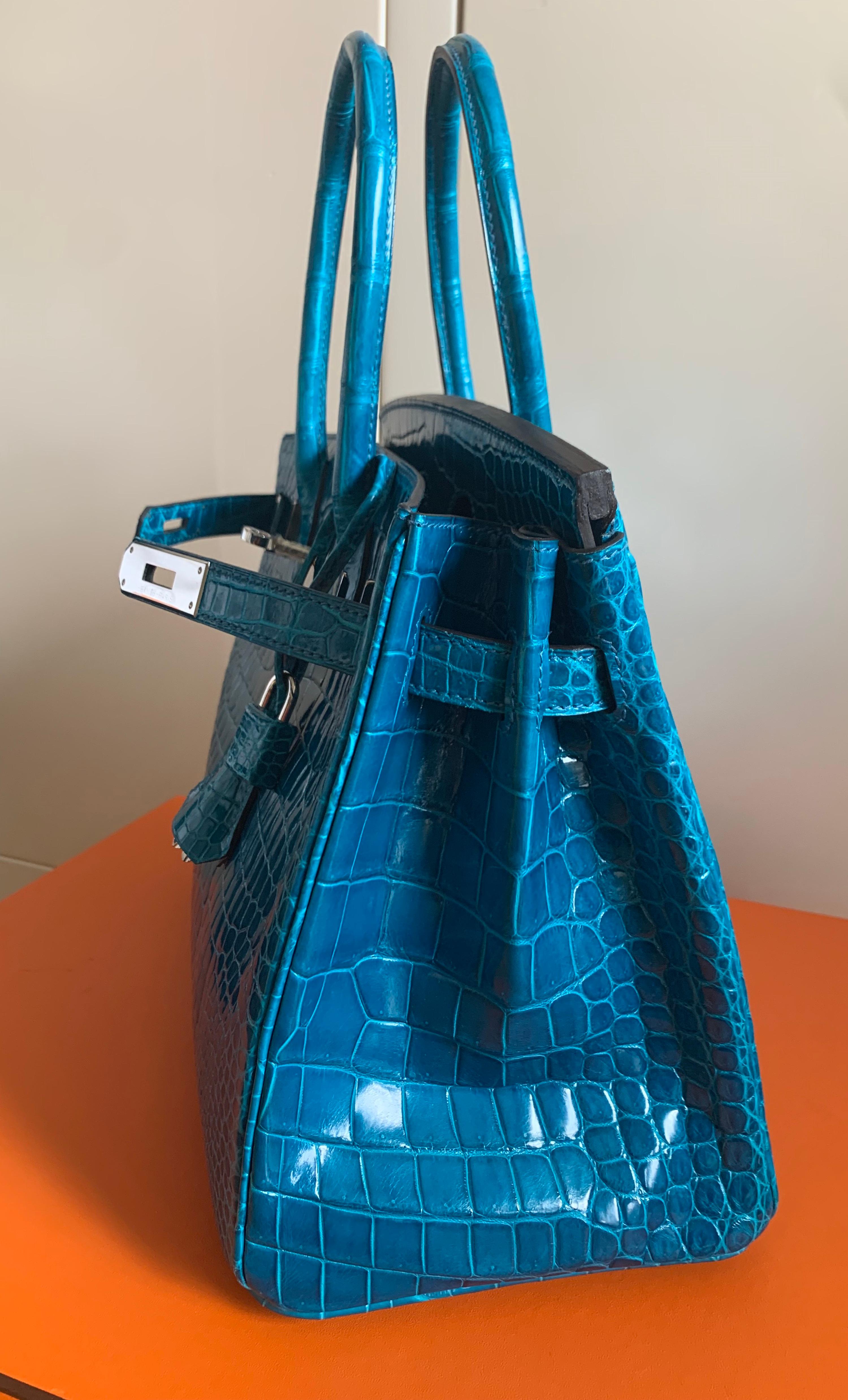 Rare Color Blue Hermes Birkin 30 Blue Izmir Shiny Porosus Crocrodile Bag For Sale 5