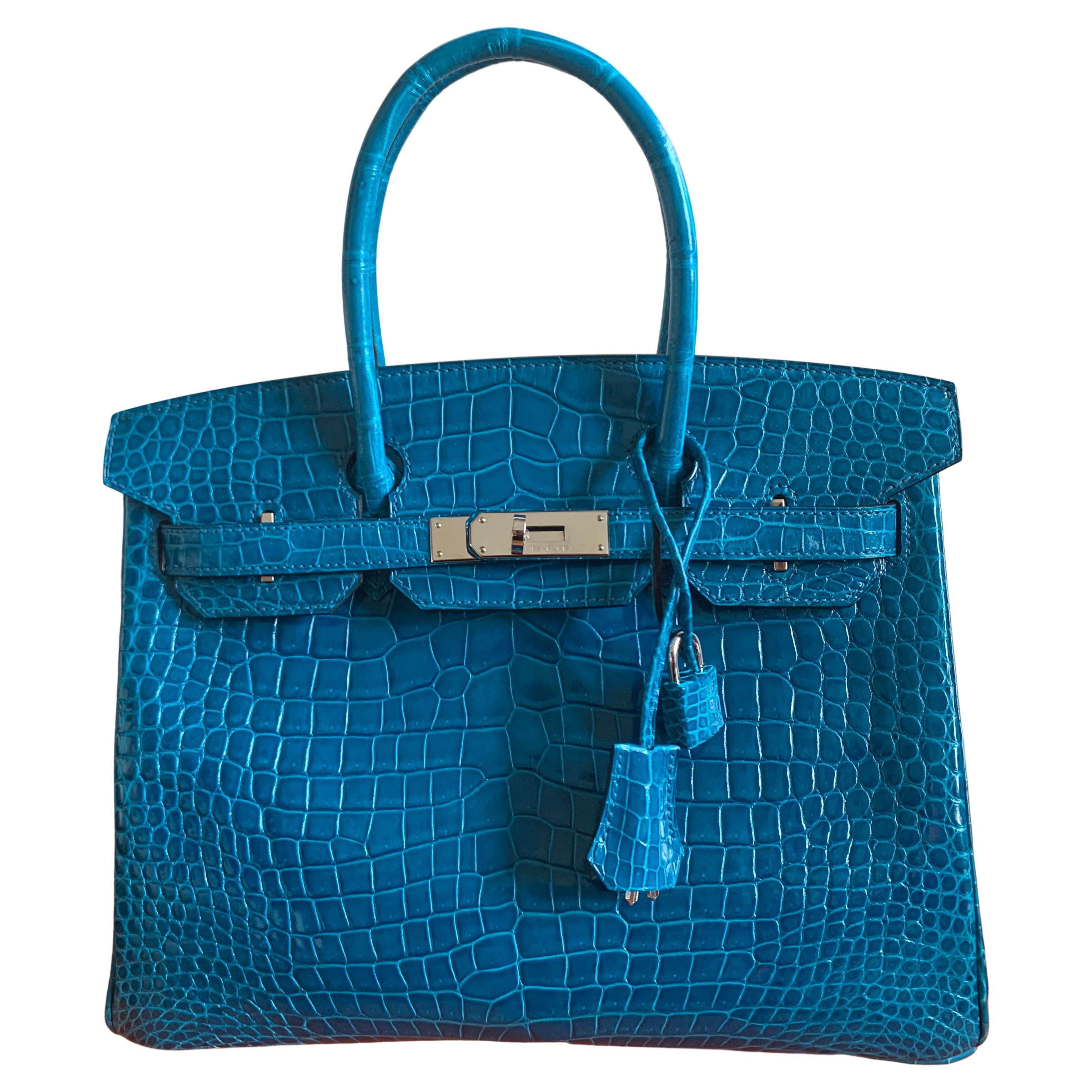 Rare Color Blue Hermes Birkin 30 Blue Izmir Shiny Porosus Crocrodile Bag For Sale