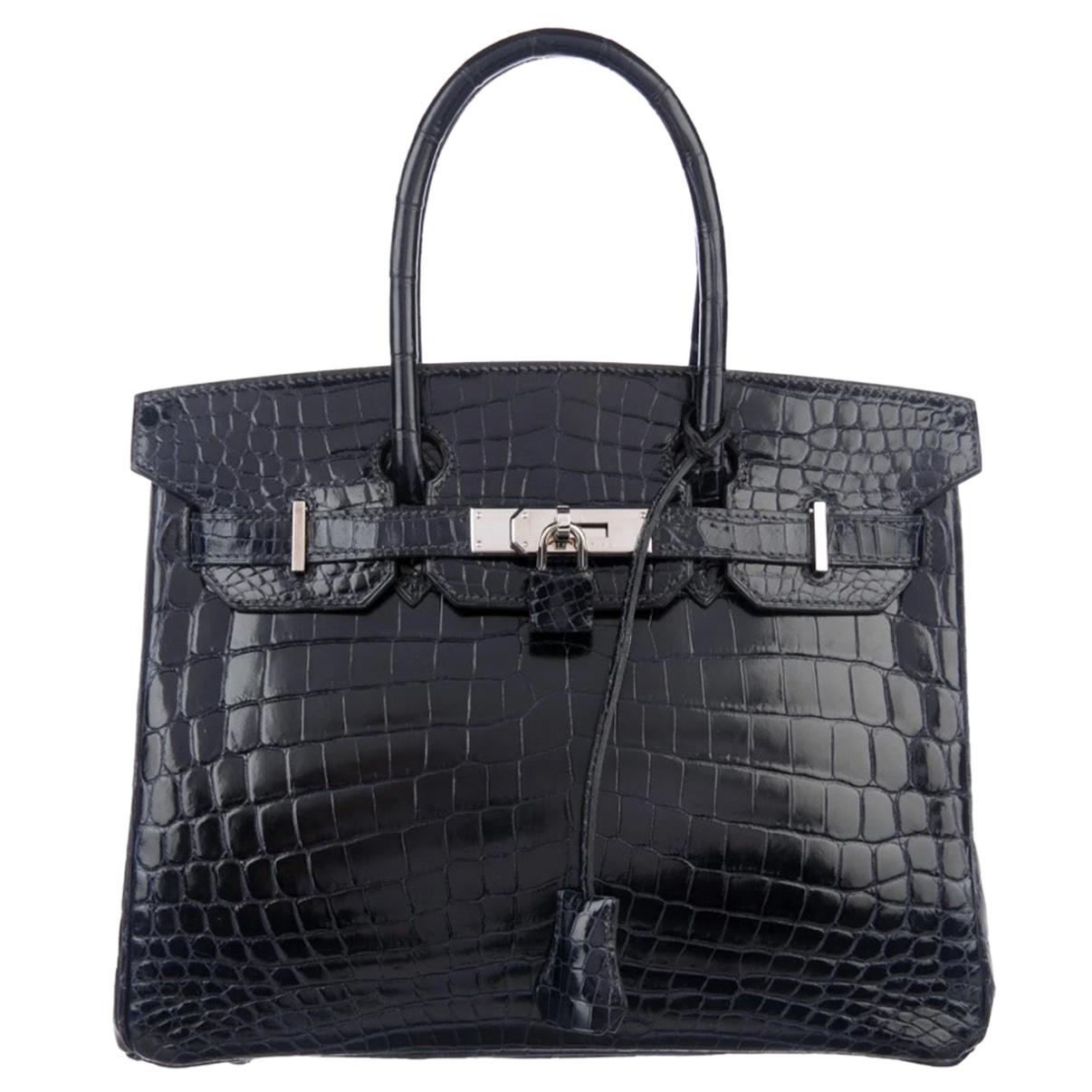 Hermes Birkin 30 Blue Marine Shiny Crocodile Top Handle Satchel Tote Bag