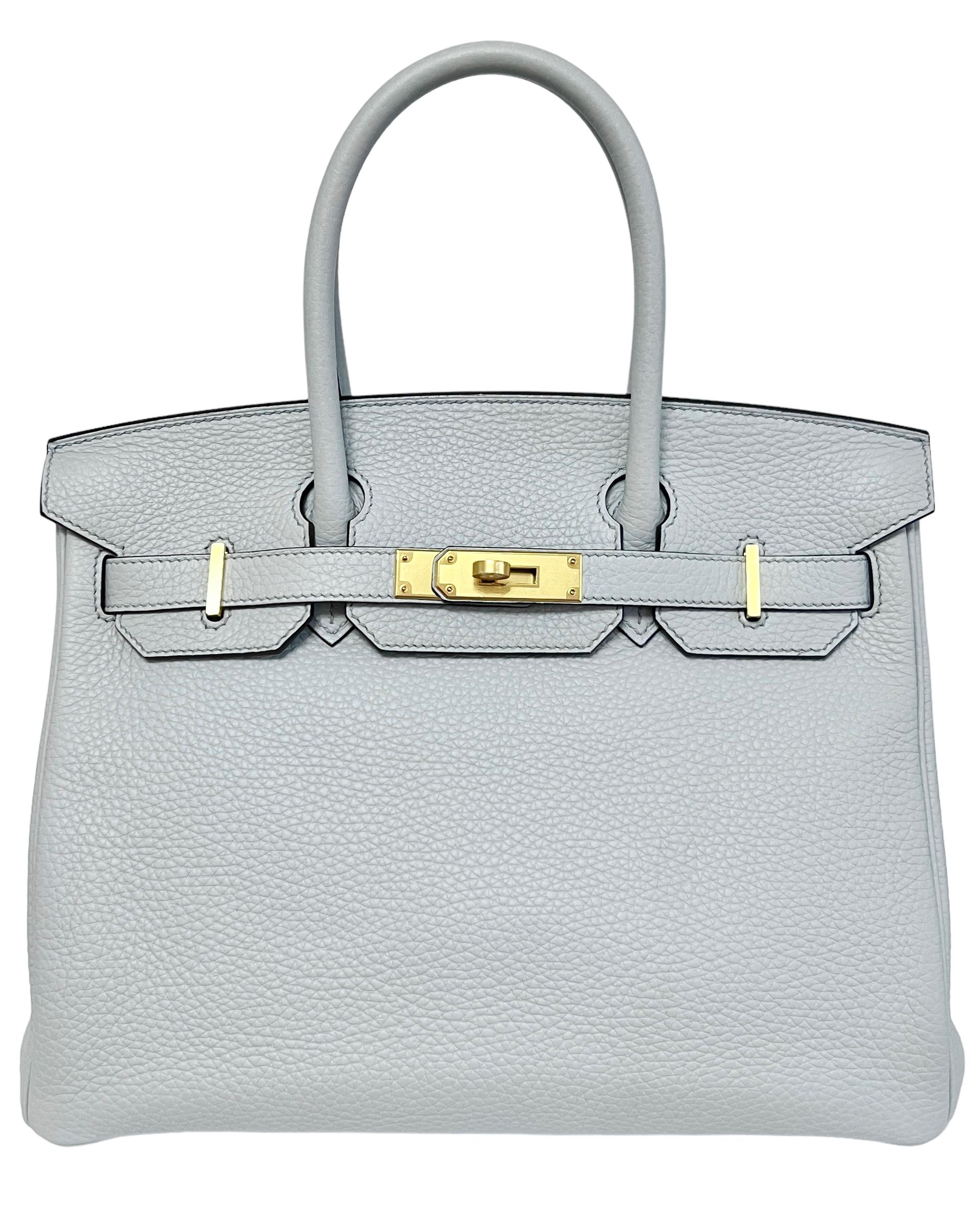Stunning Rare Hermes Birkin 30 Gris Mouette Absolutely Stunning As New 2020 Hermes Birkin 30 Blue Pale Leather complimented by Gold Hardware. As New Plastic on all Hardware and Feet. Y Stamp 2020. Please Note, the bag has extremely minor