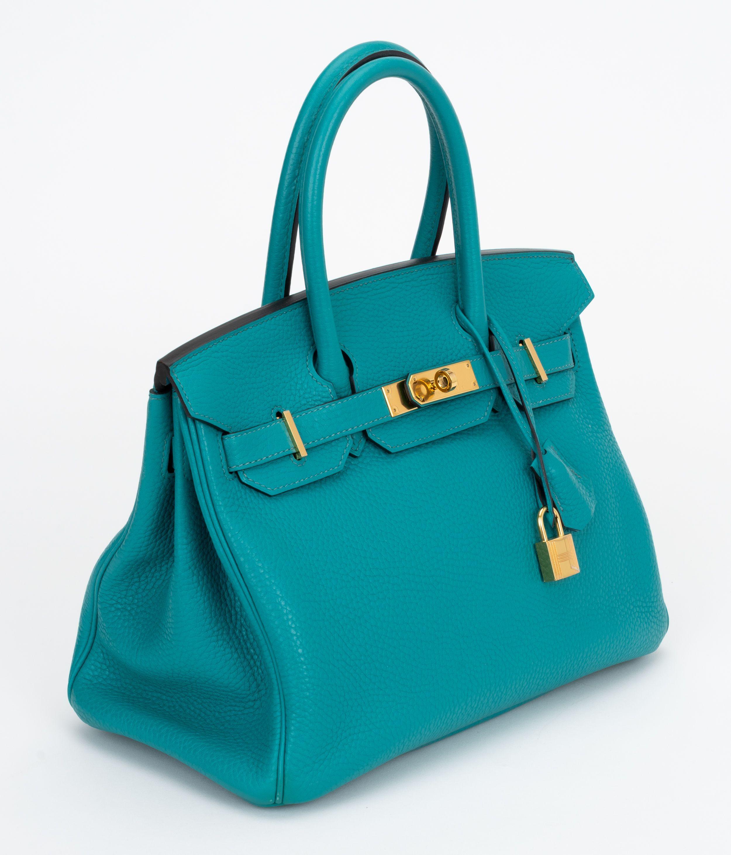 Hermès 30cm Birkin in blue paon taurillon clemence leather with gold tone hardware. Handle drop, 3.75