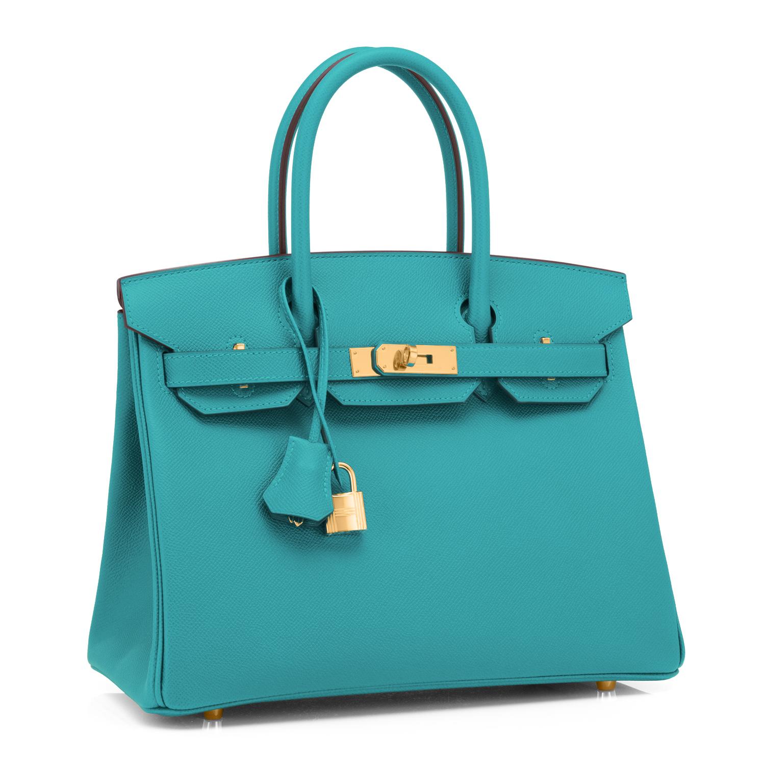 Hermes Birkin 30cm Blue Paon Peacock Turquoise Jewel Tone Epsom Gold Bag Y Stamp, 2020
Devastatingly gorgeous!! Very rare reissue of cult favorite jewel tone Blue Paon 