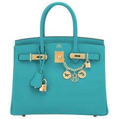 Hermes Birkin 30 Blue Paon Turquoise Peacock Jewel Epsom Gold Bag Timbre Y:: 2020