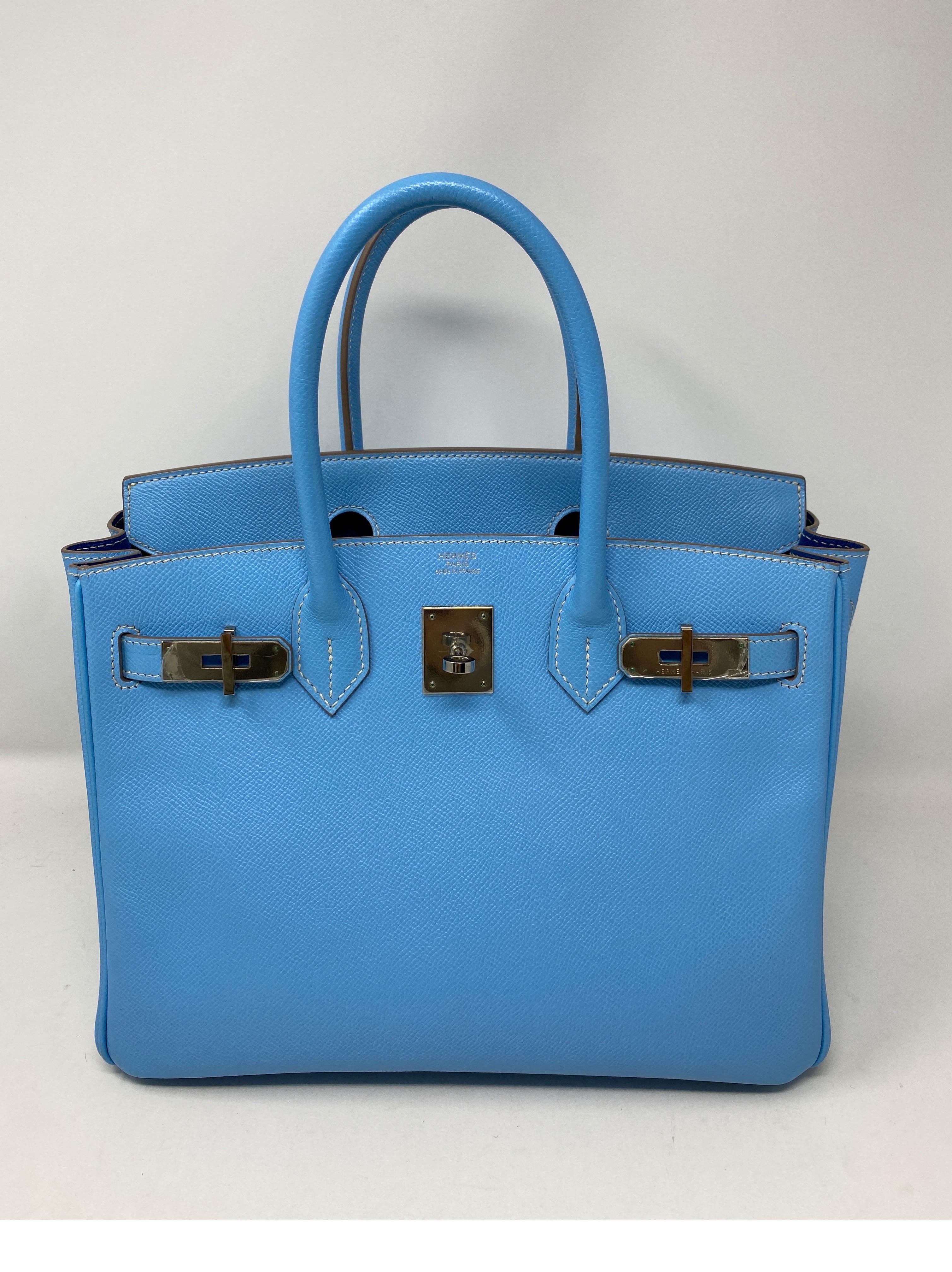 Hermes 30 Birkin Blue Paradis Bag. Interior mykonos blue color. Candy collection. Epsom leather. Interior and exterior mint like new condition. Rare size and most wanted. Collector's piece. Palladium hardware. Includes clochette, lock, keys and dust