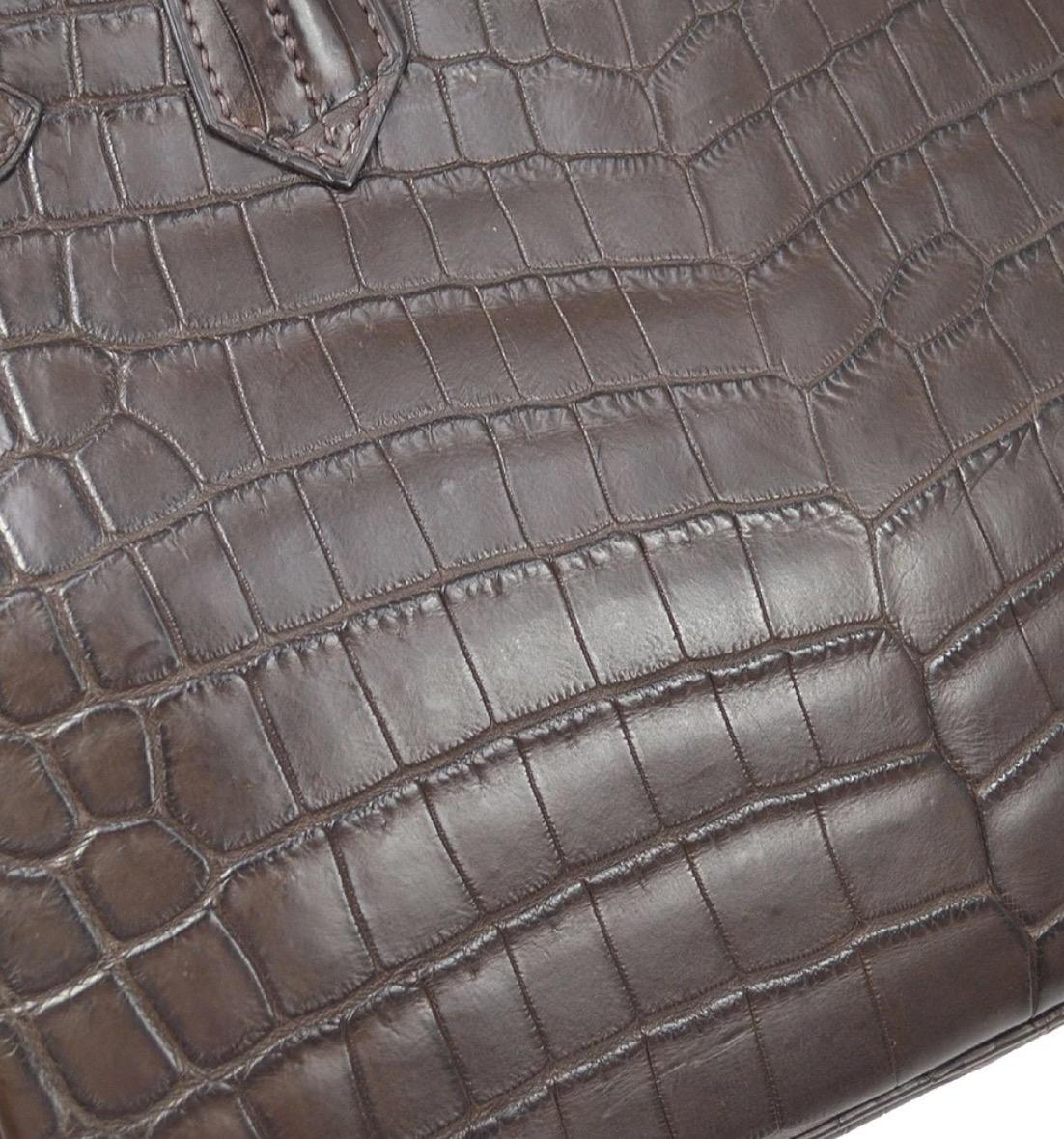 Black Hermes Birkin 30 Brown Crocodile Exotic Silver Top Handle Satchel Tote Bag w/Box