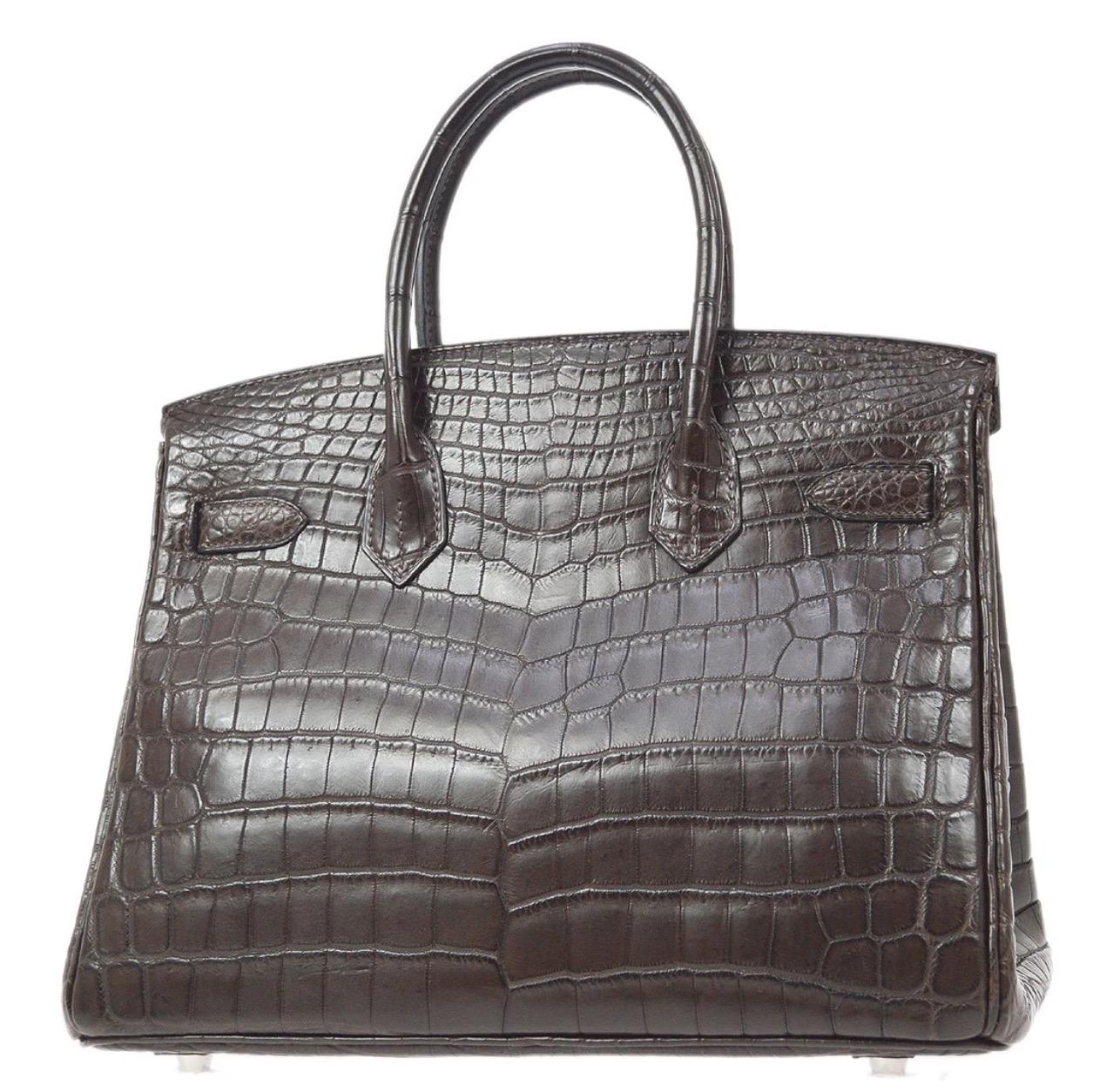 Hermes Birkin 30 Brown Crocodile Exotic Silver Top Handle Satchel Tote Bag w/Box In Excellent Condition In Chicago, IL