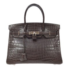 Hermès - Sac cabas Birkin 30 marron crocodile exotique à poignée supérieure argenté avec boîte