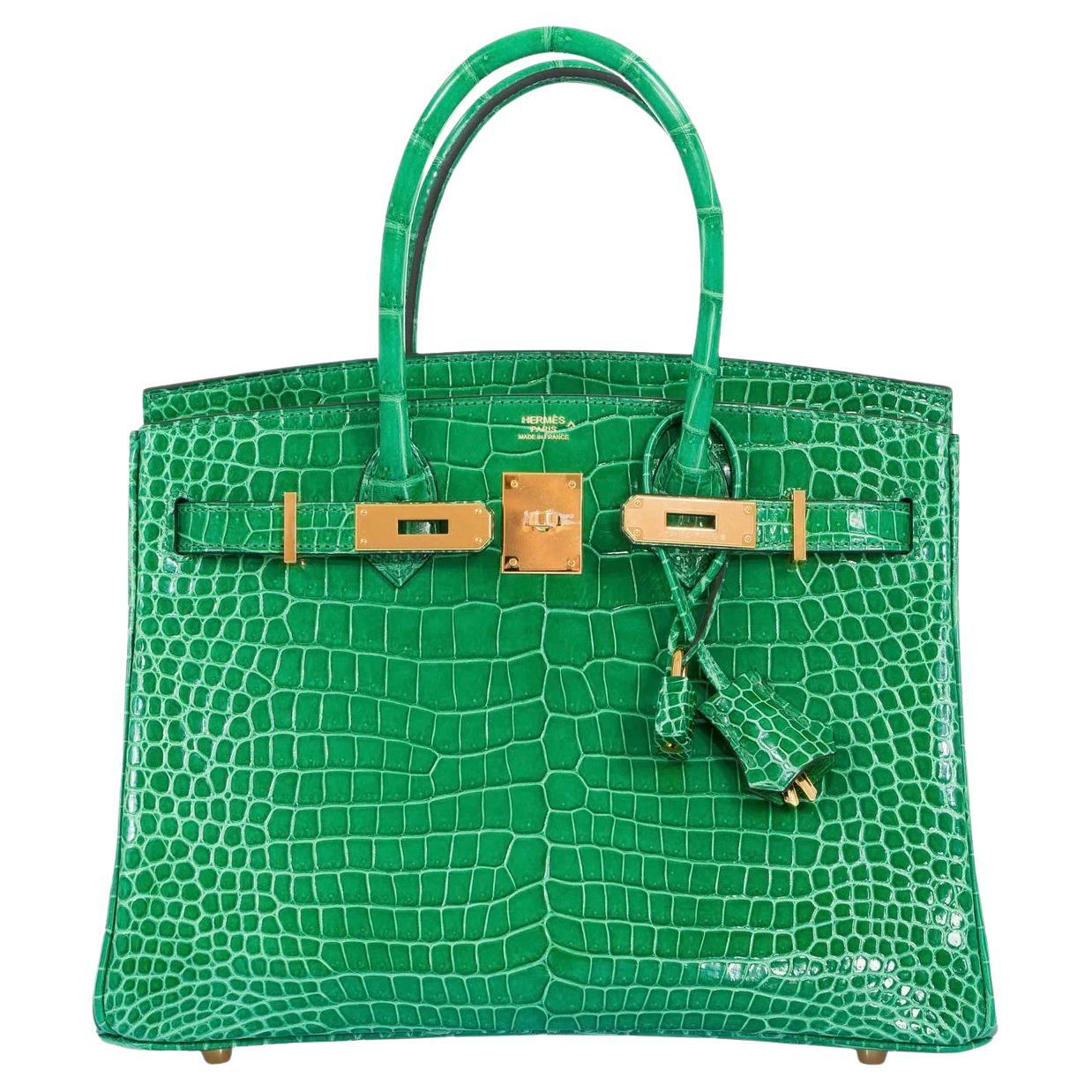 Hermes Birkin 30 Bamboo Green Shiny Porosus Crocodile Bag GHW For Sale