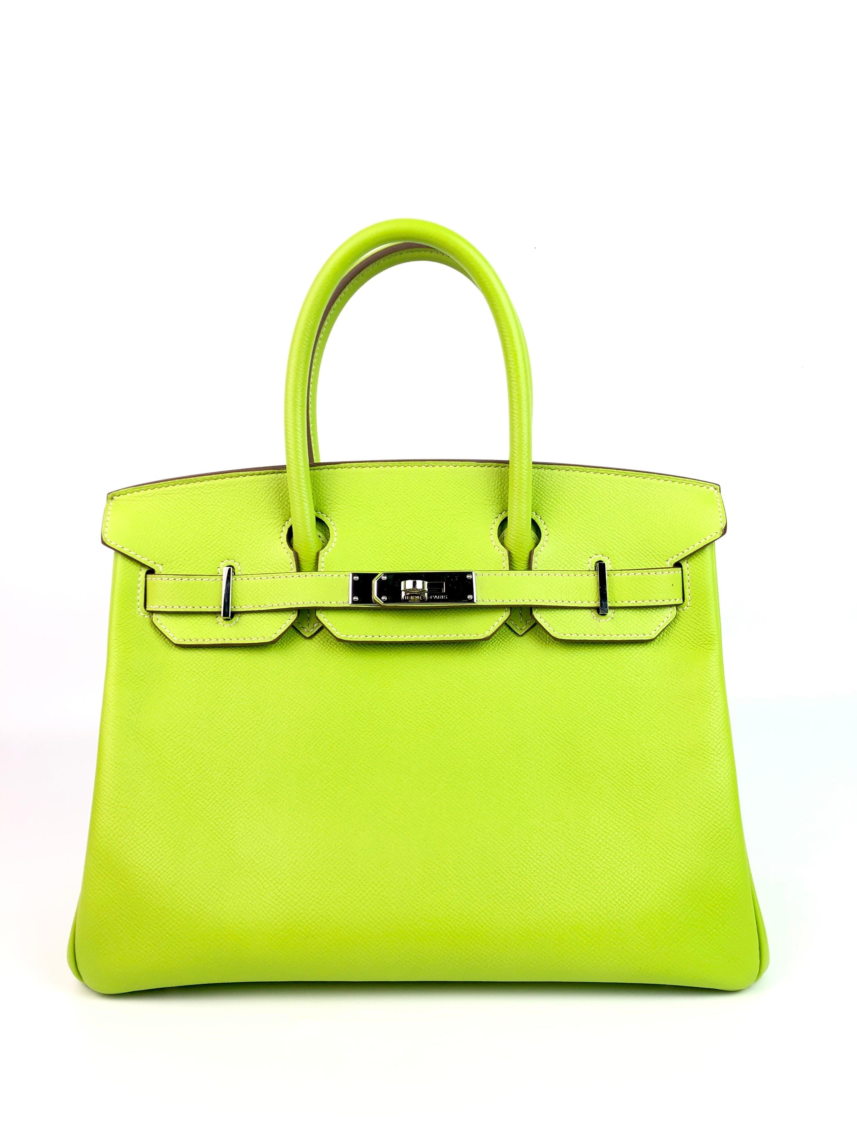 Hermes Birkin 30 Kiwi Linchen Green Candy Collection Palladium Hardware. Excellent Condition, light hairlines on Hardware, Excellent corners and structure. 

Shop with Confidence from Lux Addicts. Authenticity Guaranteed! 