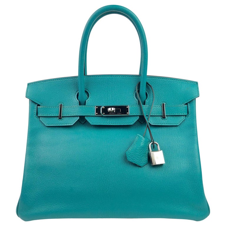 Hermes Birkin 30 Chèvre Mysore Blue Paon Palladium Hardware  For Sale