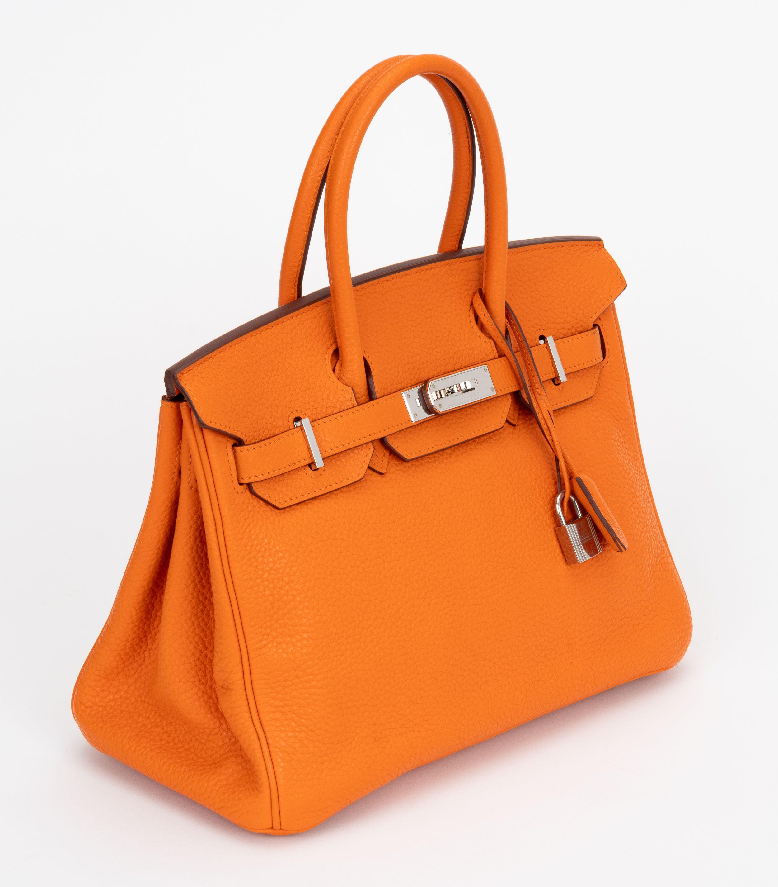 Hermès 30cm Birkin bag in orange taurillon clemence leather and palladium hardware. Handle drop, 3