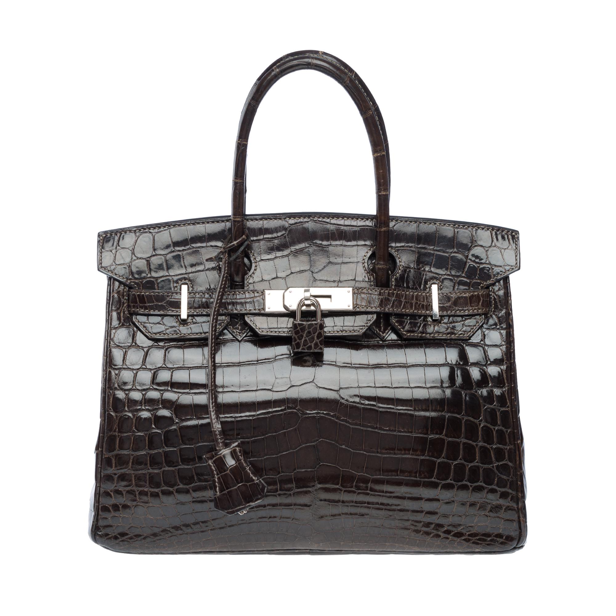 Black Hermes Birkin 30 cm handbag in Elephant Grey Crocodile, PHW For Sale