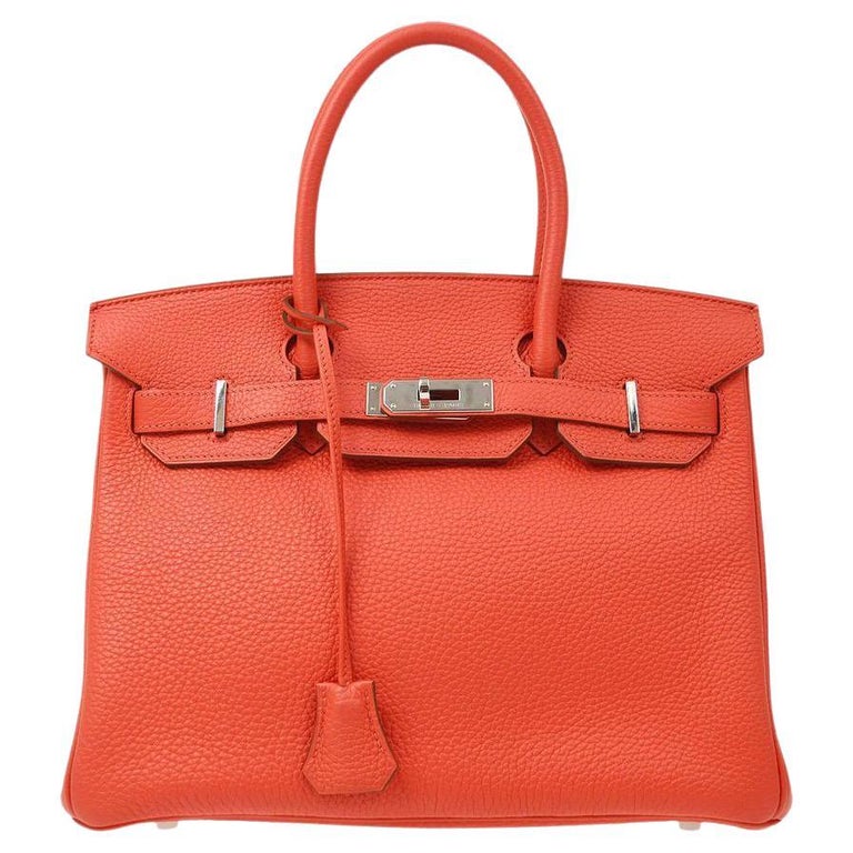 HERMES Birkin 30 Coral Red Orange Leather Palladium Top Handle Tote Bag ...