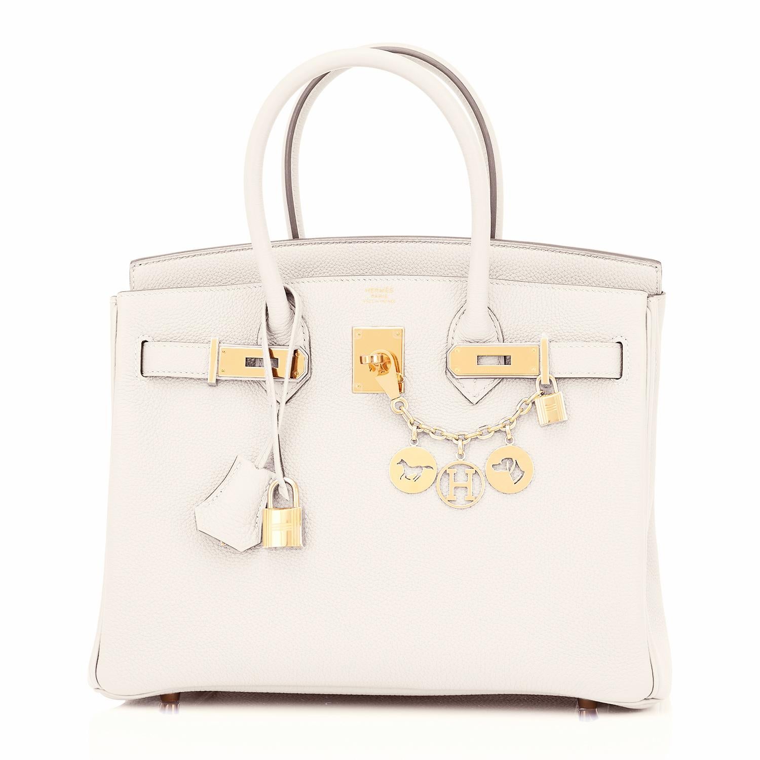 Hermes Craie 30cm Birkin Togo Gold Hardware Chalk Off White Y Stamp, 2020
Just purchased from Hermes store; bag bears new interior 2020 Y Stamp.
Brand New in Box. Store fresh. Pristine Condition (plastic on hardware.)
Perfect gift! Comes in full set