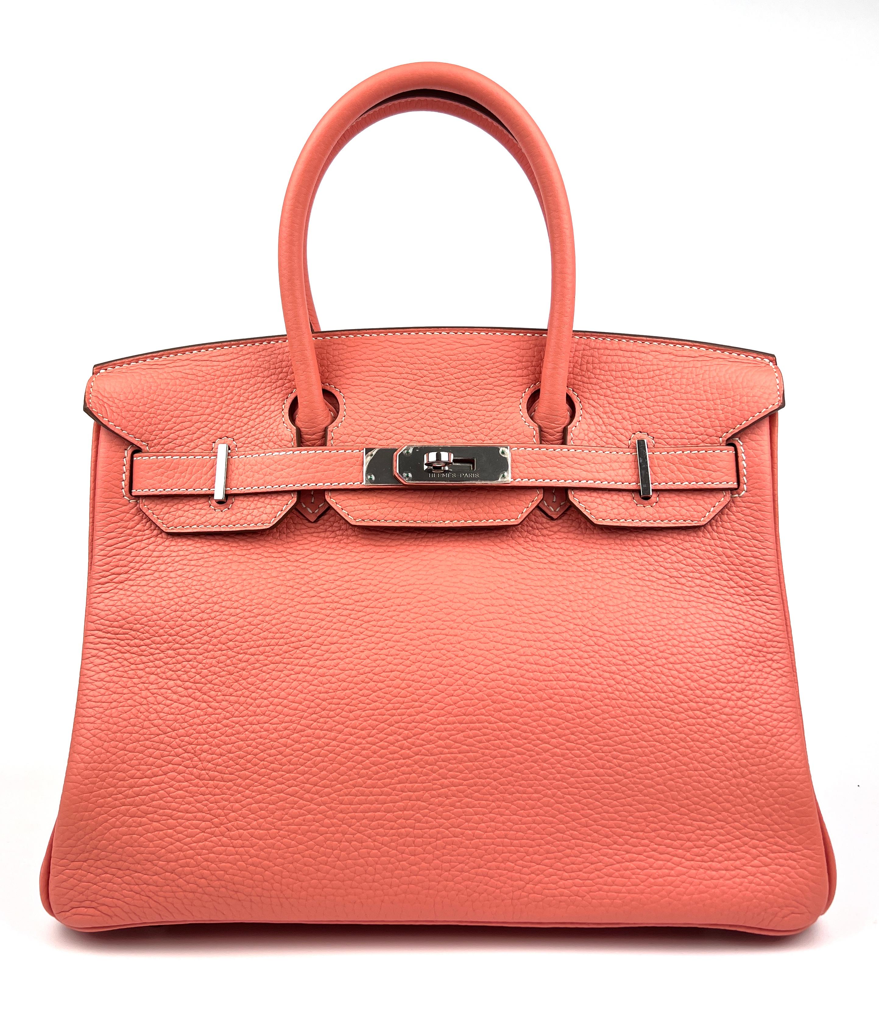 Beautiful Hermes Birkin 30 Crevette complimented by Palladium Hardware. Excellent condition with plastic on hardware. Excellent corners and structure. 

Shop with Confidence from Lux Addicts. Authenticity Guaranteed! 