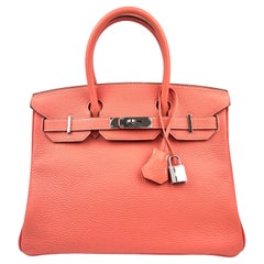 Hermes Birkin 30 Crevette Orange Pink Leather Palladium Hardware 