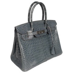 Hermes Birkin 30 Crocodile Leather Blue Jeans Gold Hardware Bag