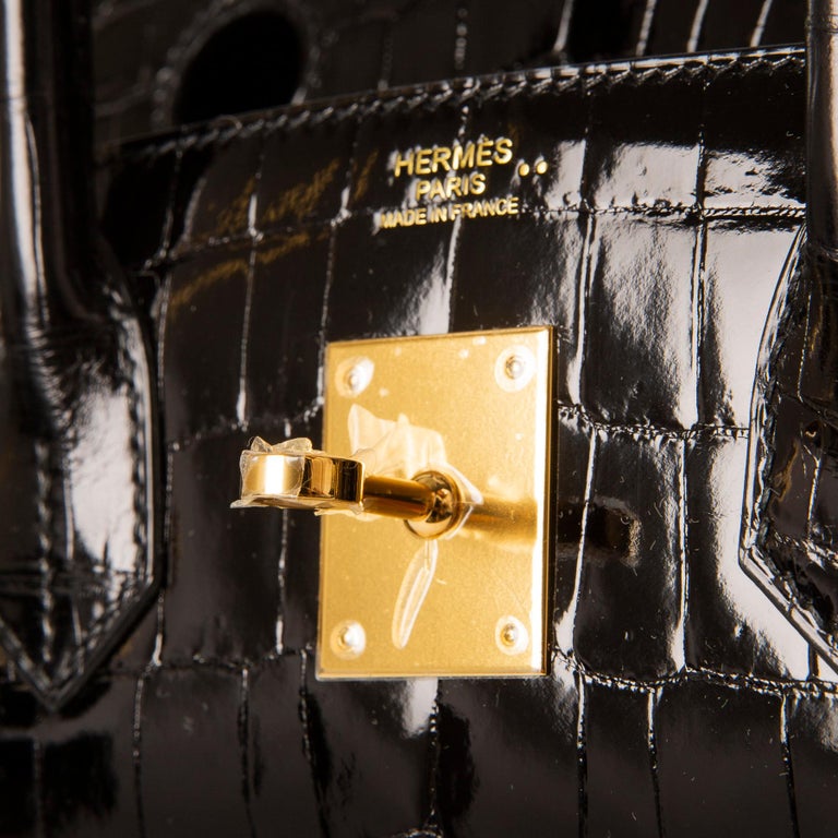 Hermes Birkin 25 Bag Black Crocodile Lisse Gold Hardware