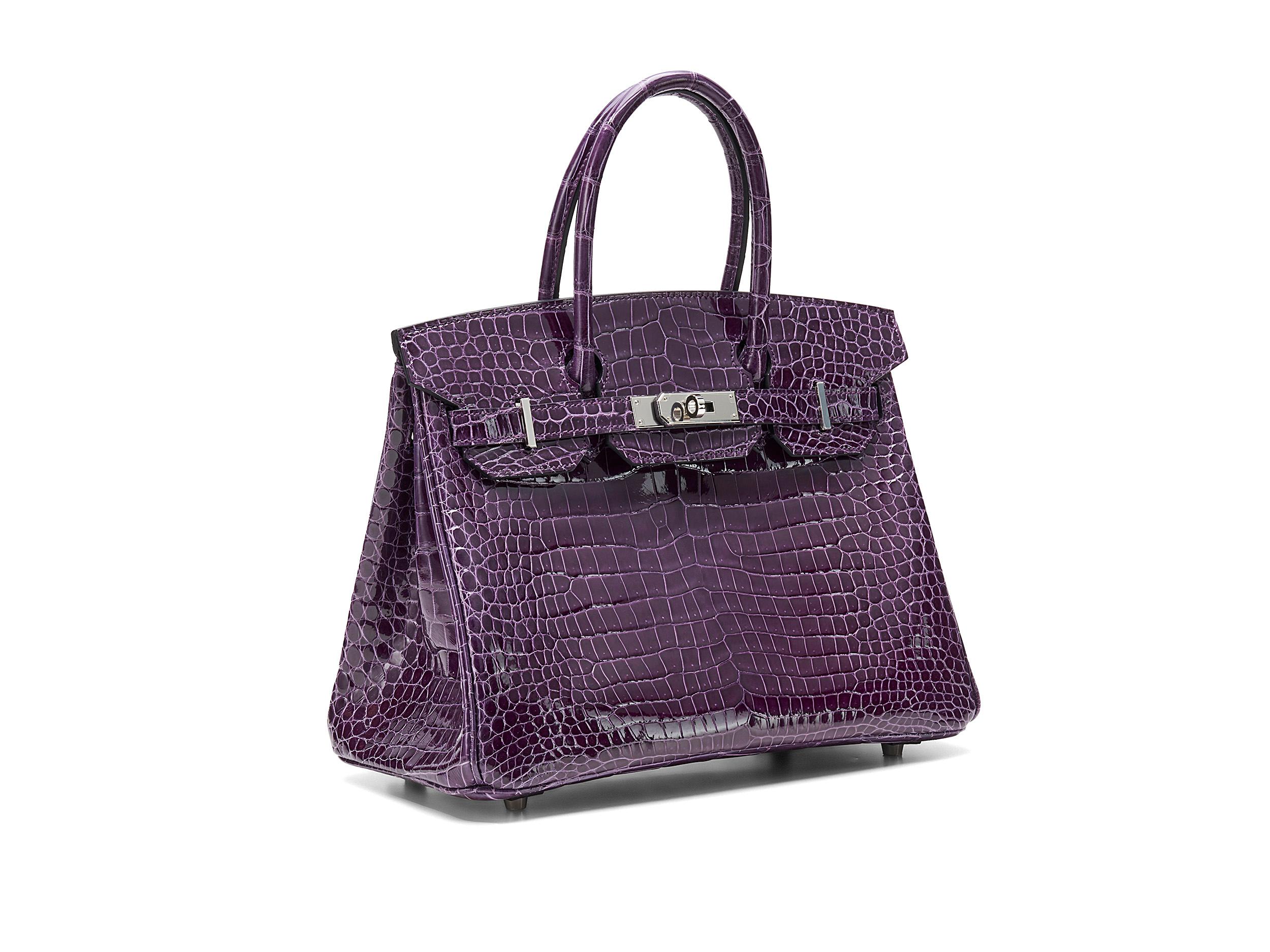 Hermès Birkin 30 in cassis and shiny crocodile porosus leather with palladium hardware. The bag is unworn and comes as full set including the original receipt and Cites. Stamp Y (2020) 