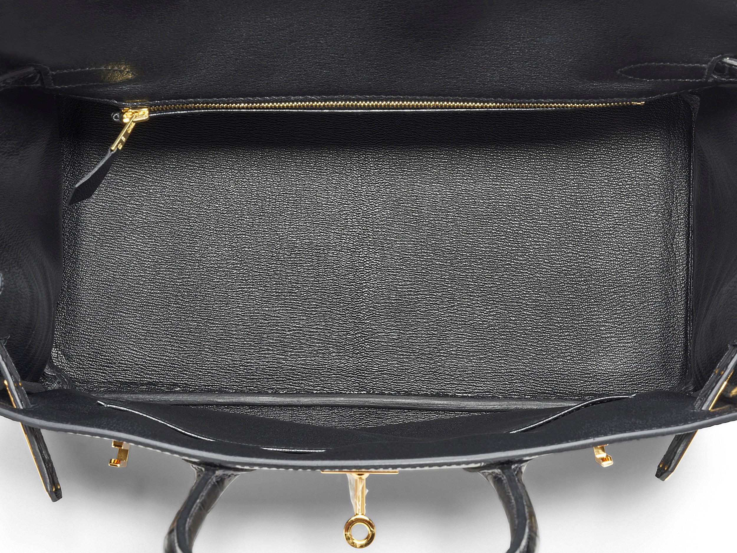 Hermès Birkin 30 Crocodile Porosus Lisse Noir/Noir Quincaillerie Palladium en vente 3