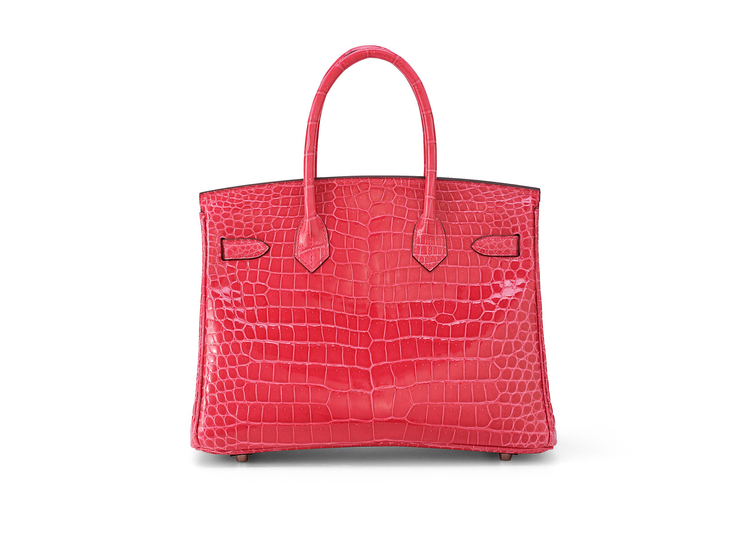 Red Hermès Birkin 30 Crocodile Porosus Lisse Rose Extreme Palladium Hardware For Sale