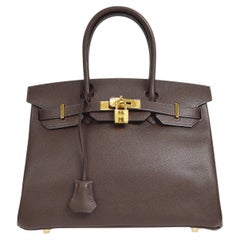 HERMES Birkin 30 Dark Chocolate Brown Epsom Leather Gold Top Handle Tote Bag