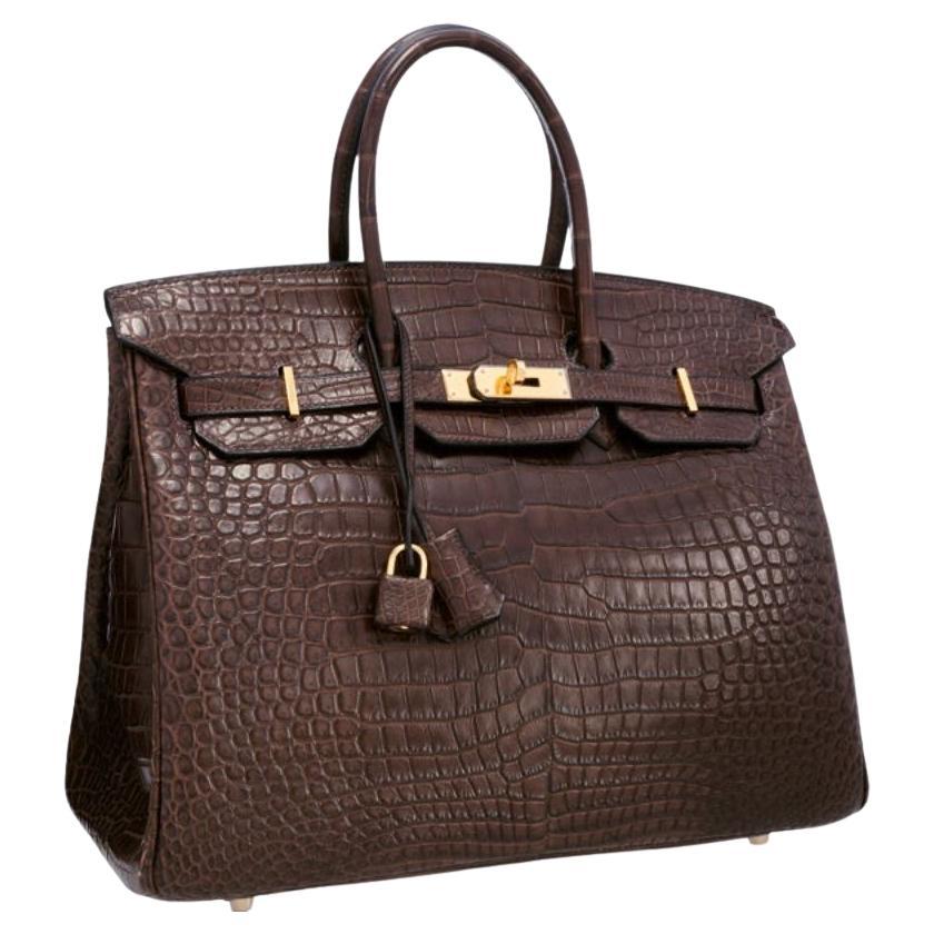Hermes Birkin 30 Dark Chocolate Brown Exotic Matte Crocodile Gold Top Handle Bag
