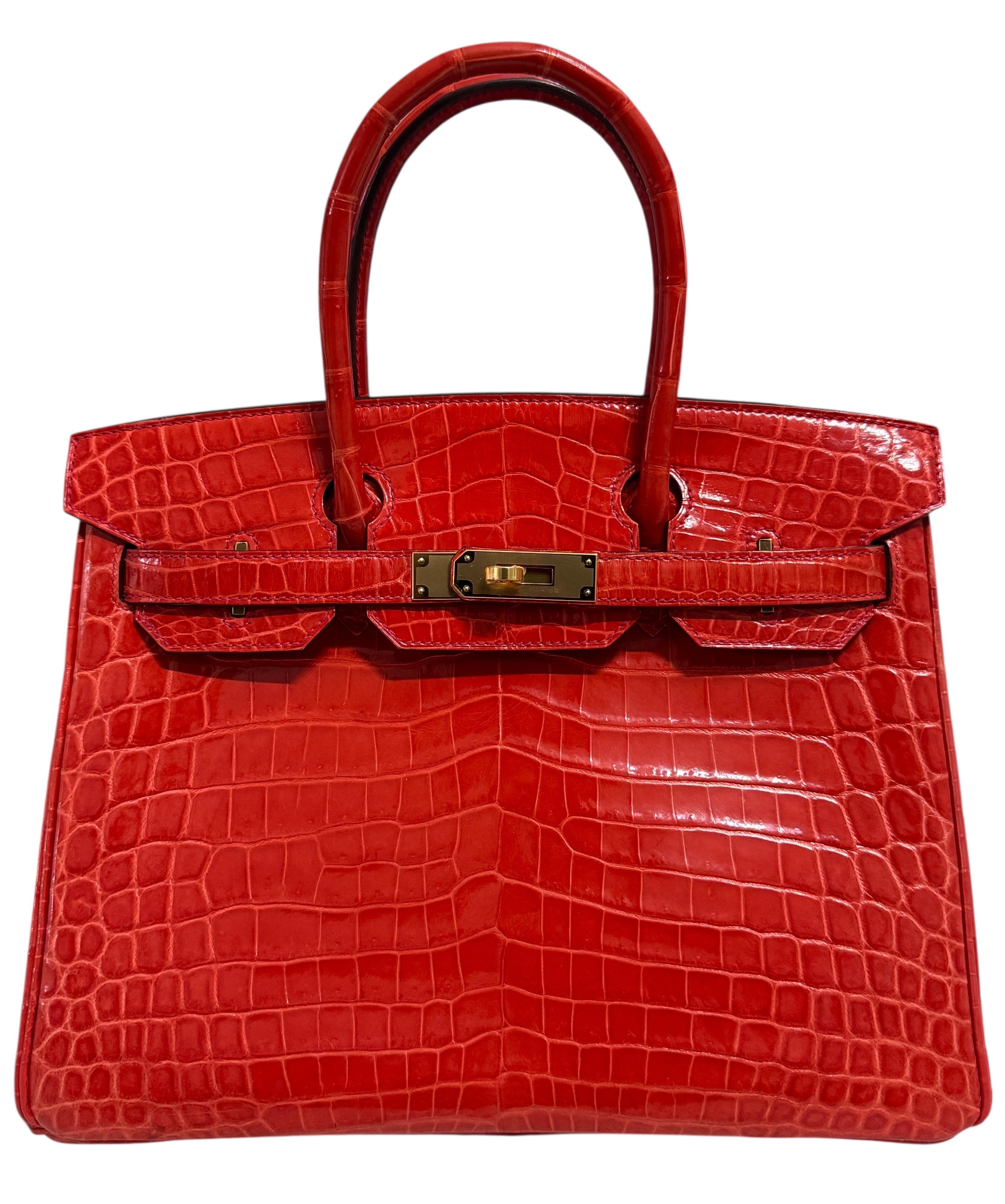 Hermes Birkin 30 Geranium Rot Niloticus Krokodilleder Gold Hardware im Angebot 1