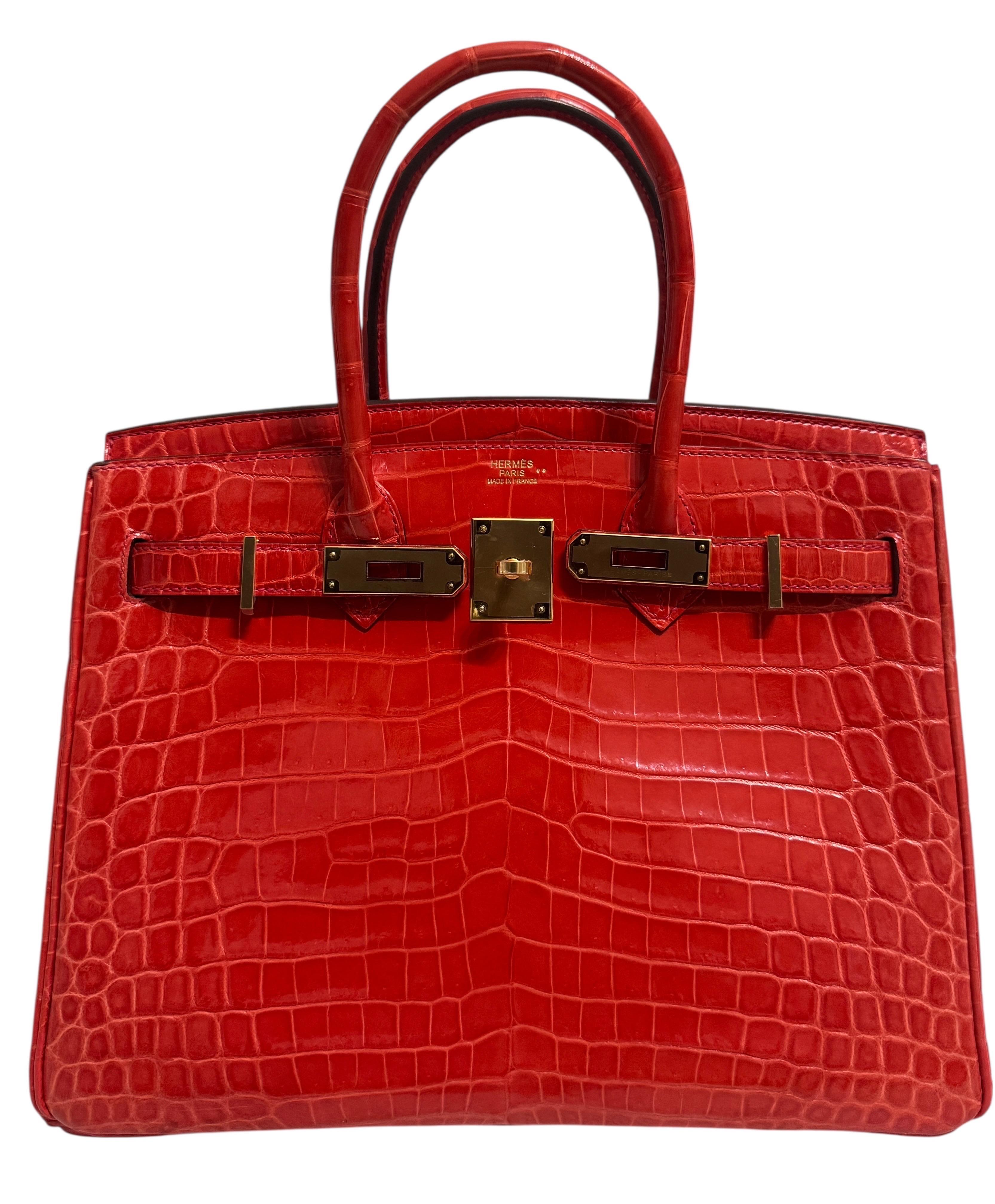 Hermes Birkin 30 Geranium Rot Niloticus Krokodilleder Gold Hardware im Angebot 2