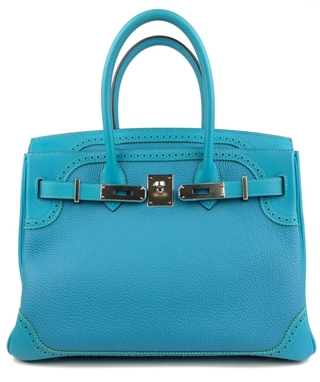 Hermes Birkin 30 Ghillies Turquoise Blue Leather Palladium Hardware  In Excellent Condition For Sale In Miami, FL