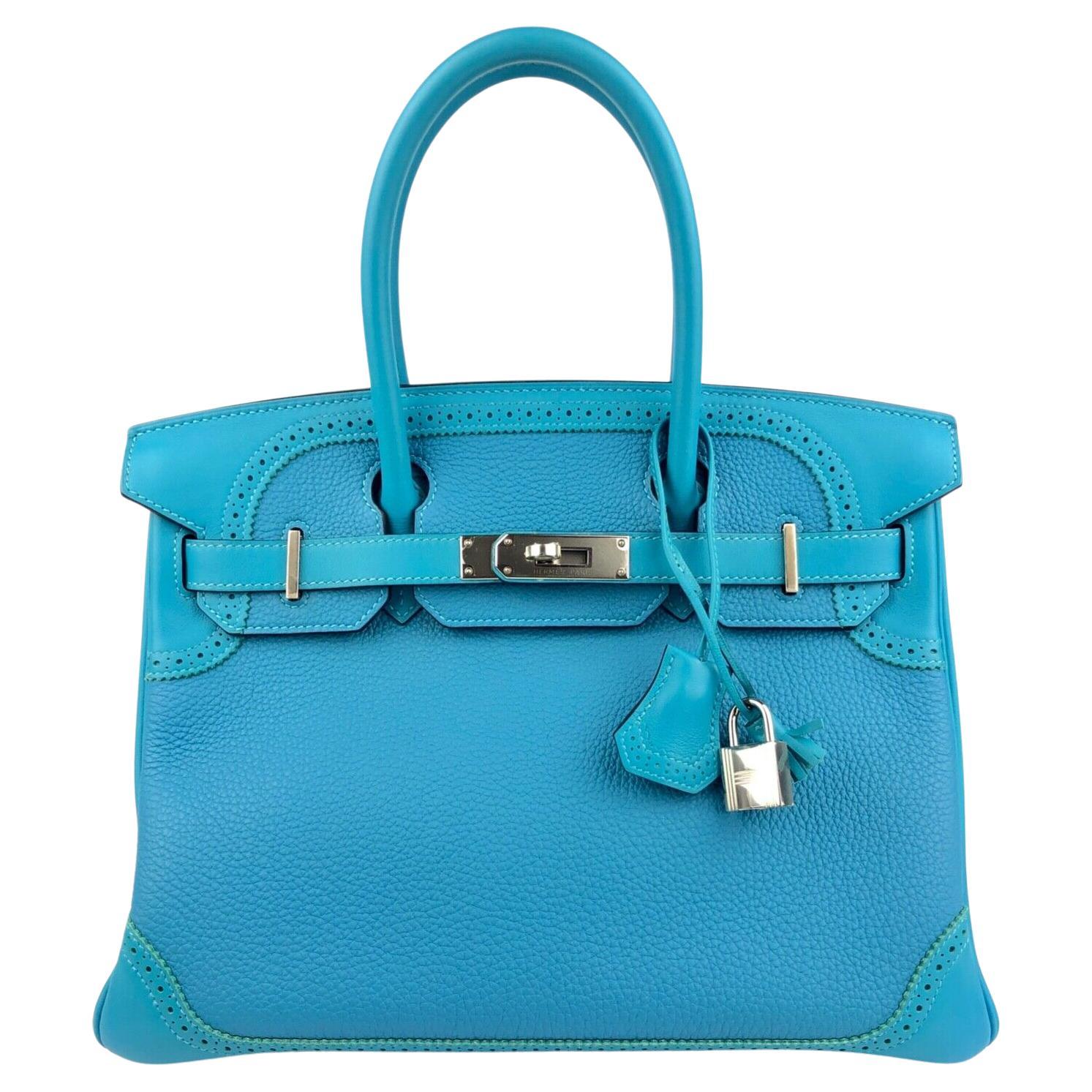 Hermes Birkin 30 Ghillies Turquoise Blue Leather Palladium Hardware  For Sale