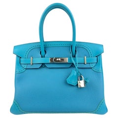 Hermes Birkin 30 Ghillies Turquoise Blue Leather Palladium Hardware